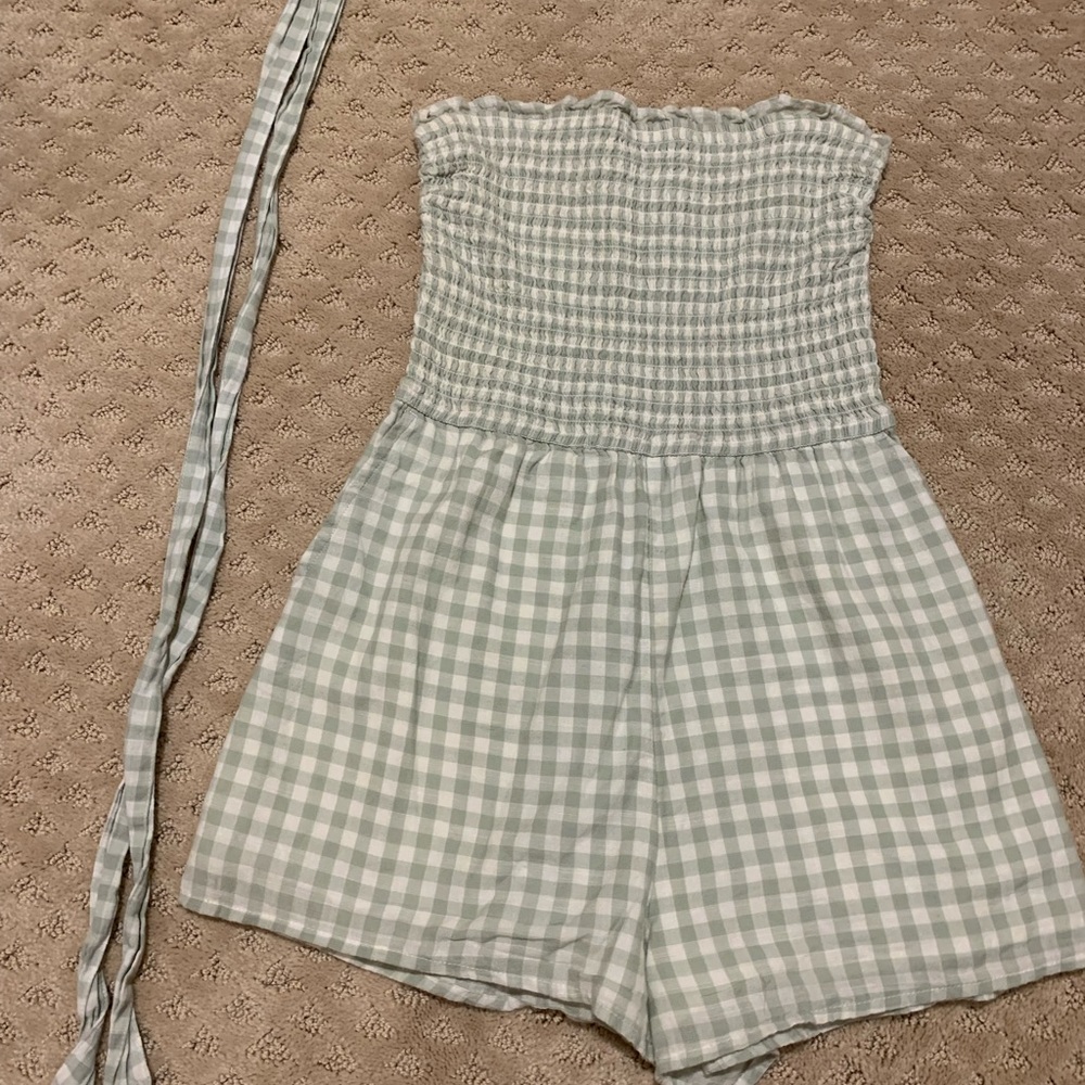 Abercrombie & Fitch Strapless Green & White Romper w/ Pockets and Tie size Small
